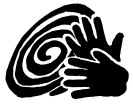 Schwarweißes Logo des Übersetzerteams mit zwei gebärdenden Händen vor dem spiralförmigen Logo der Gronewald-Schule.