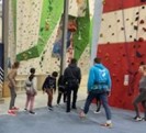 Mehrere Schülerinnen stehen vor einer Kletterwand.