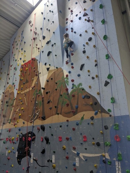Eine Kletterwand mit aufgemaltem Gebirge.