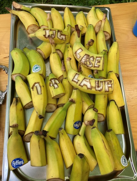 Eine Platte mit vielen halbierten Bananen.