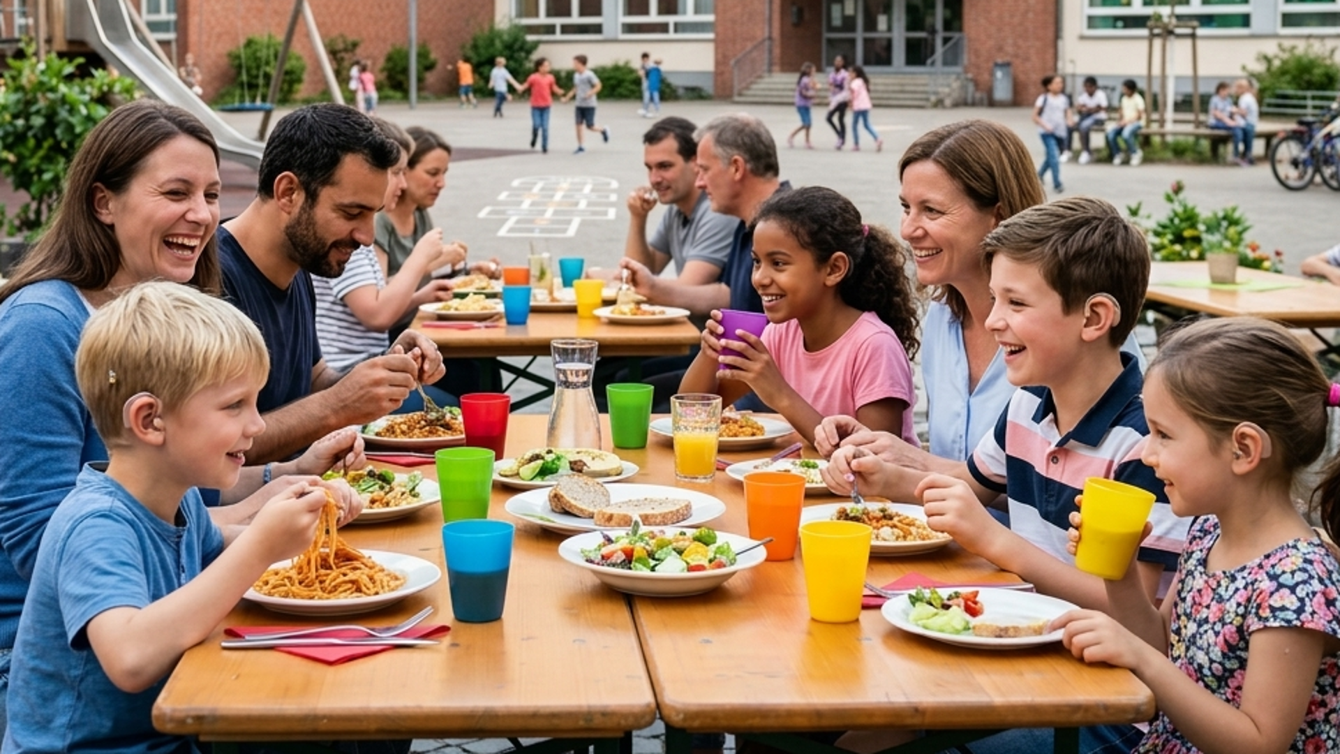 Kinder und Erwachsene sitzen an Tischen auf einem Schulhof und essen.