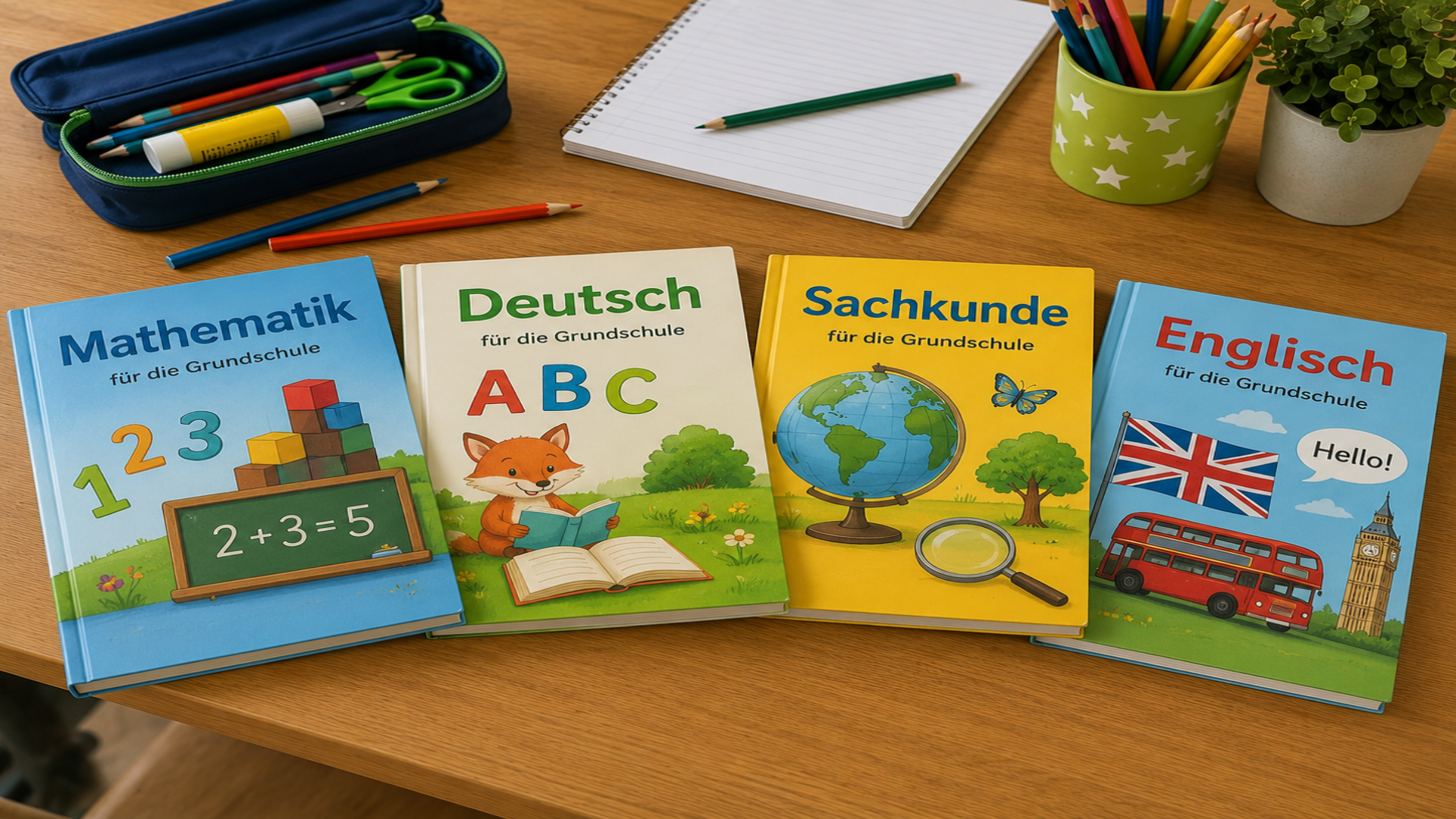 Ein Schreibtisch mit Schulbüchern für die Klasse 7