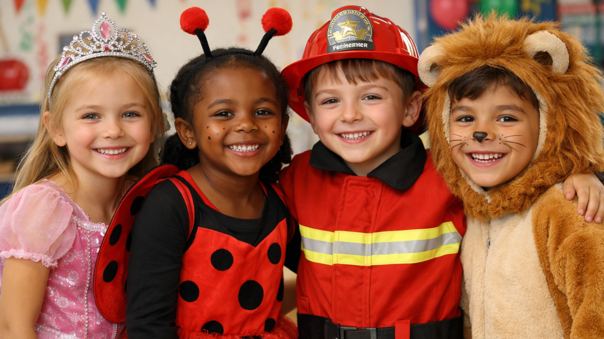 Vier fröhliche Grundschulkinder stehen nebeneinander im Klassenraum und feiern Karneval in verschiedenen Kostümen: Prinzessin, Marienkäfer, Feuerwehrmann und Löwe.