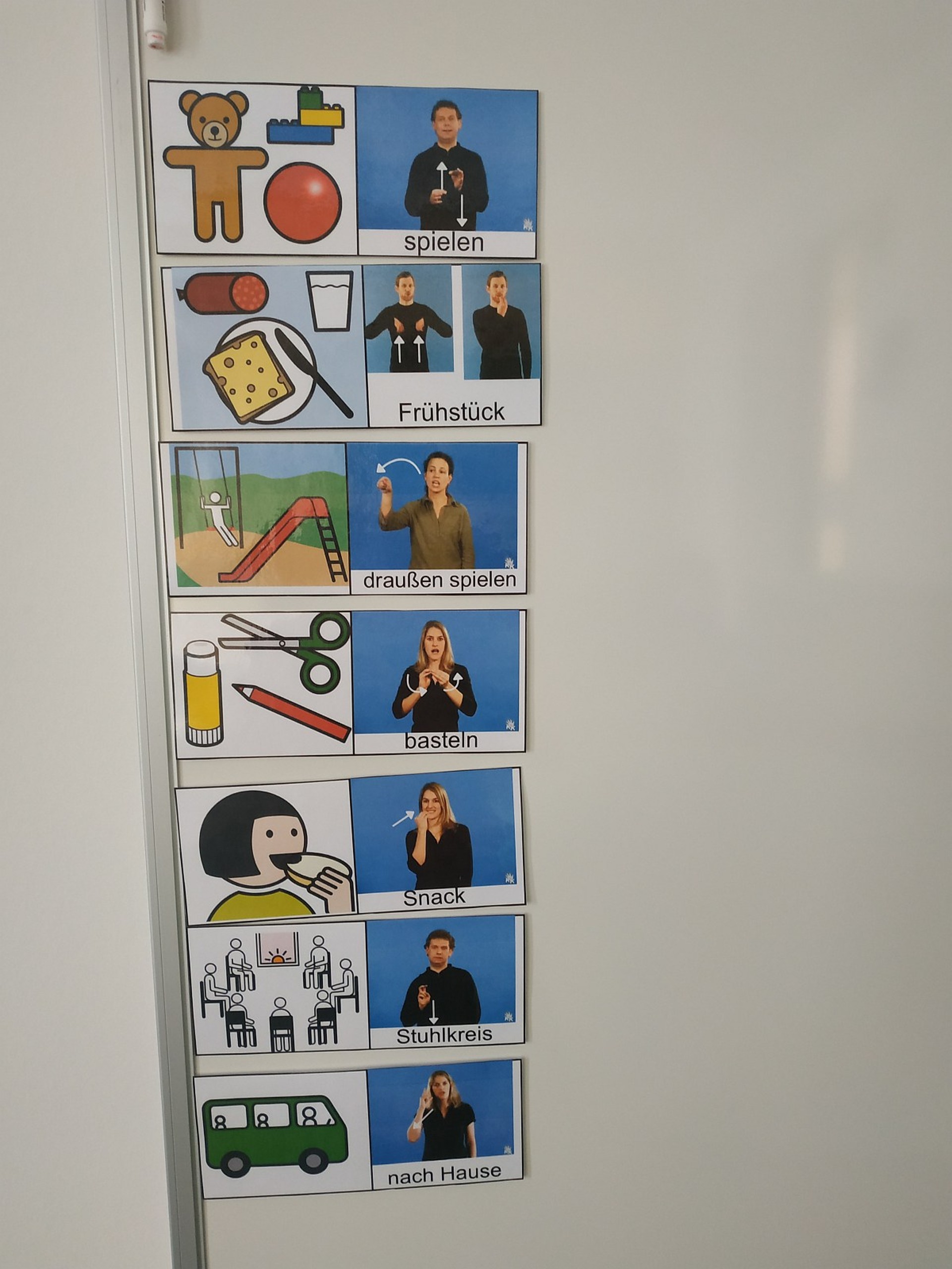 Poster, das den Tagesablauf im Kindergarten visualisiert. Jeder Punkt wird einmal als Bild dargestellt und daneben sieht man ein Foto der dazugehörigen Gebärde: zum Beispiel "draußen spielen" oder "Snack"