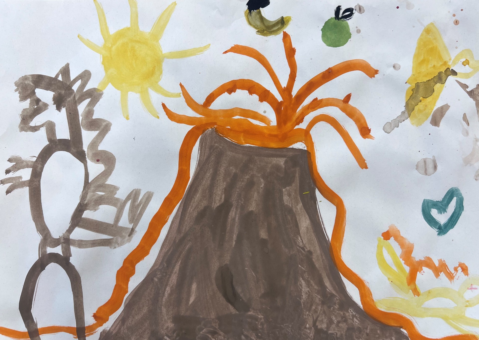 Kinderzeichnung mit einem Vulkanausbruch und einem Dinosaurier