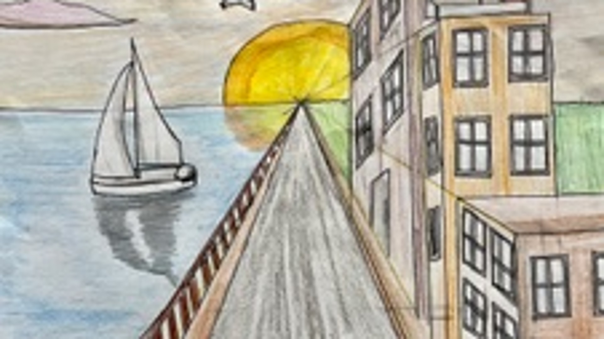 Perspektivische Zeichnung einer Straße, die auf die untergehende Sonne zuläuft. Links ist das Meer mit einem Segelboot, rechts stehen Häuser.