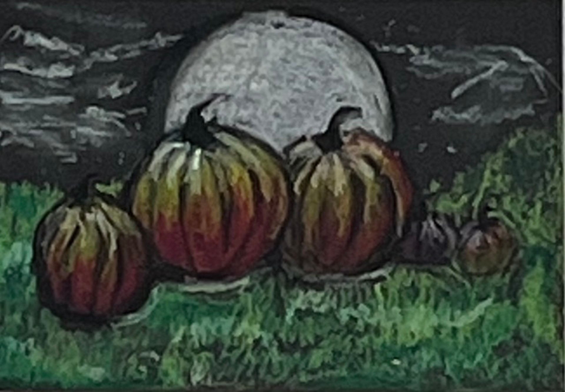 Kreidezeichnung von Kürbissen vor dem Nachthimmel mit Vollmond.