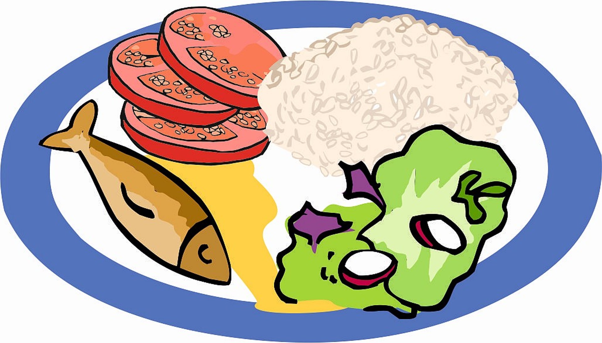 Illustration von einem Teller, auf dem Fisch mit Reis, grüner Salat und Tomatenscheiben zu sehen sind.