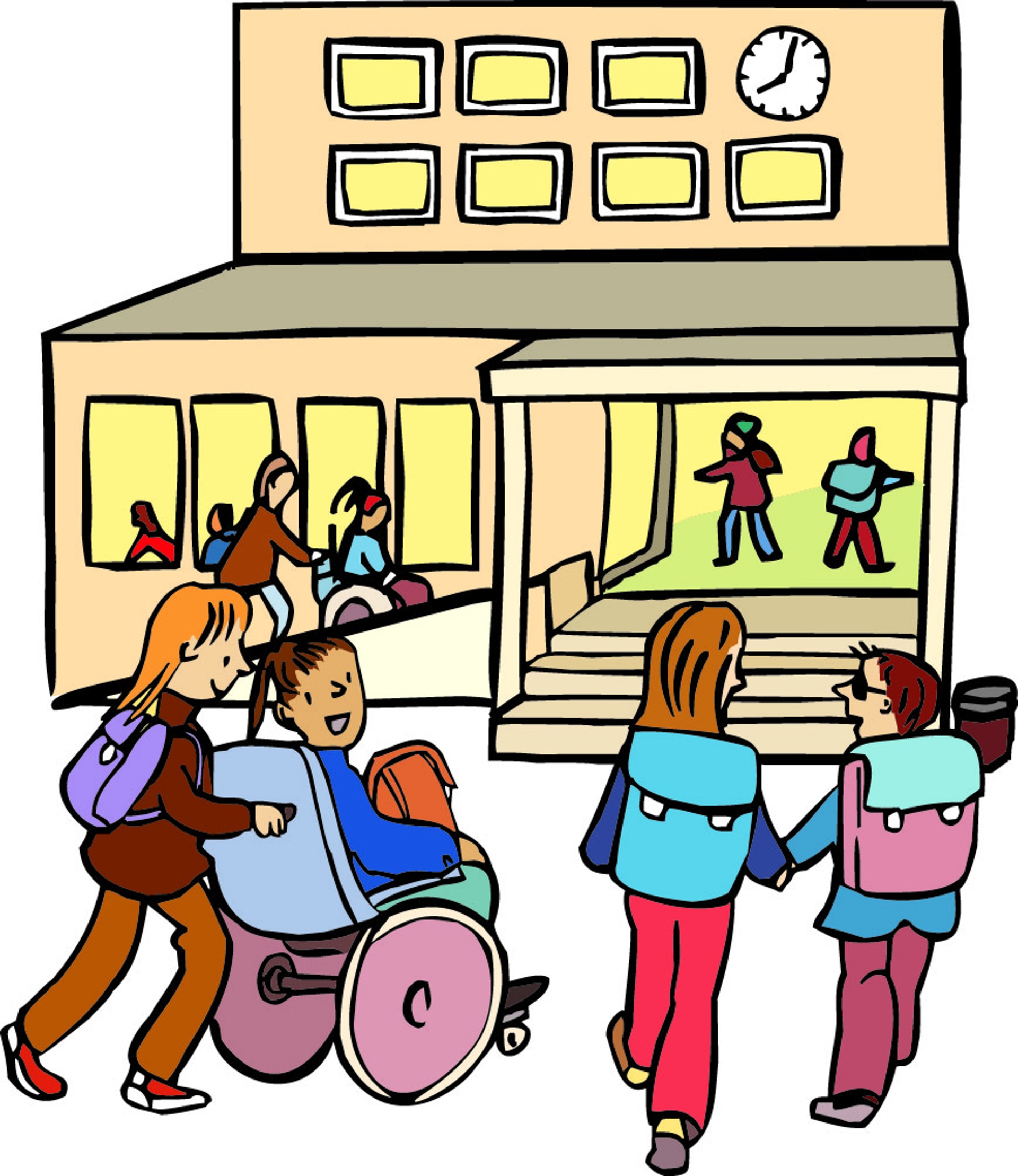 Viele Kinder gehen in Richtung Schuleingang. Manche sind zu Fuß, eines davon ist blind, ein Kitz im Rollstuhl.