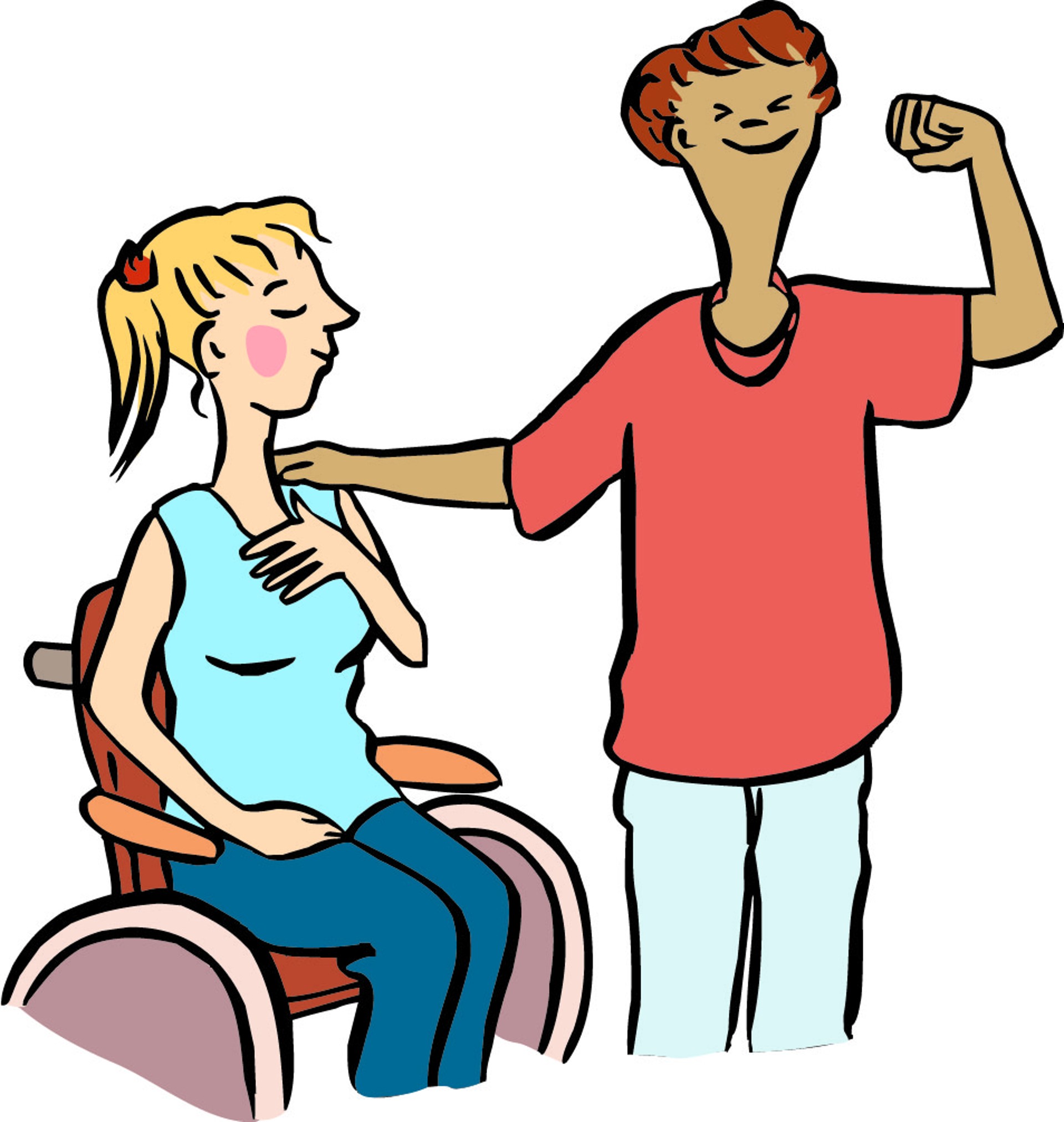 Eine junge Frau im Rollstuhl und ein junger Mann stehen nebeneinander, lächeln und haben die Augen zu. Sie wirken so, als ob sie zufrieden mit sich selbst sind.