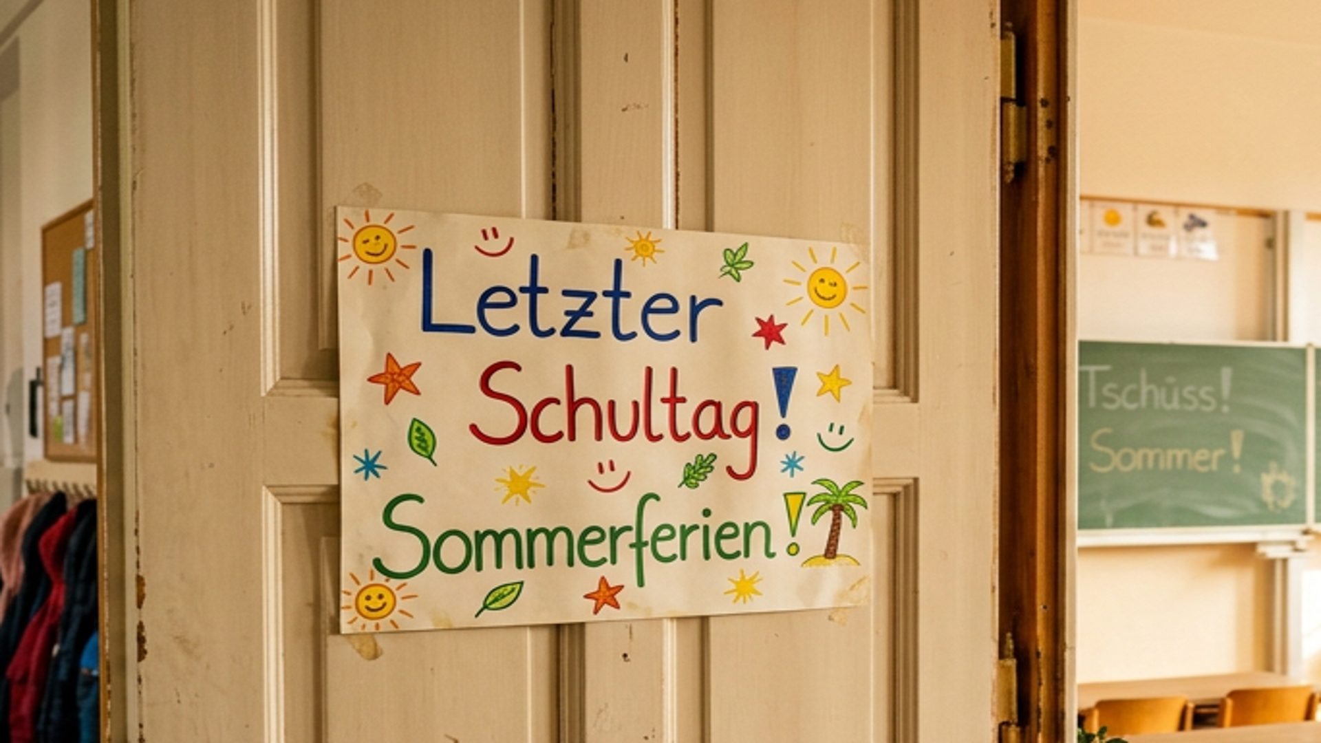 Auf einer Tür klebt ein gemaltes Schild mit den Worten Letzter Schultag! Sommerferien!