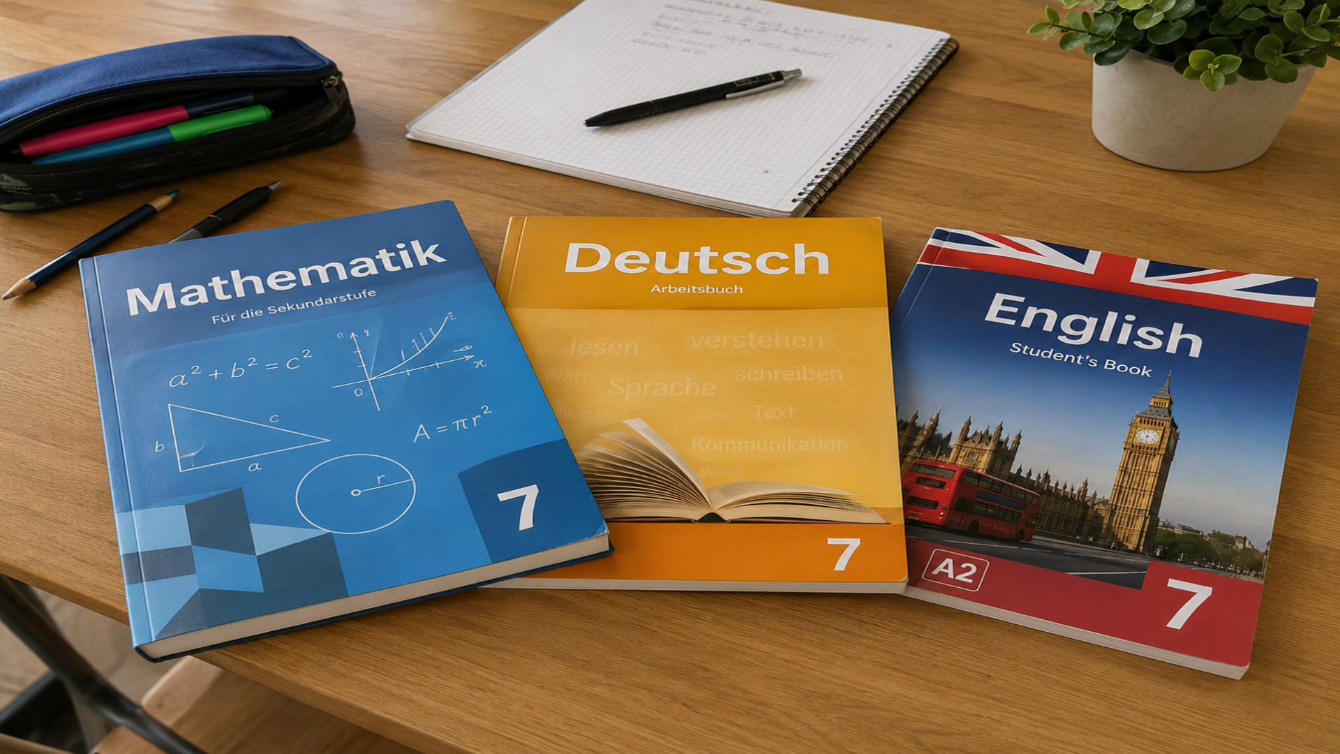 Ein Schreibtisch mit Schulbüchern für die Klasse 7