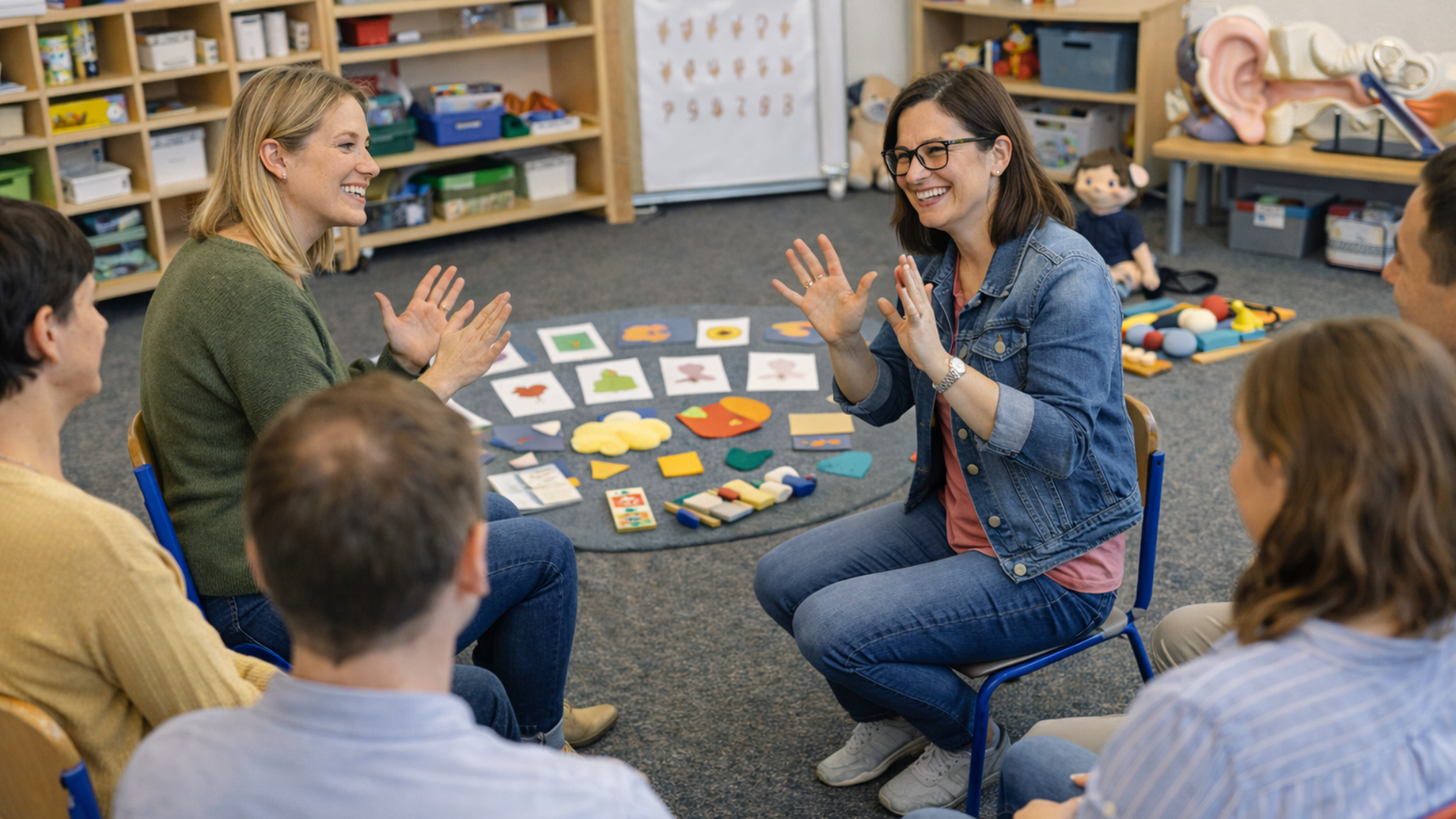 Workshop-Situation in einer Grundschule: Zwei Pädagoginnen erklären im Stuhlkreis Fördermaterialien für hörgeschädigte Kinder.