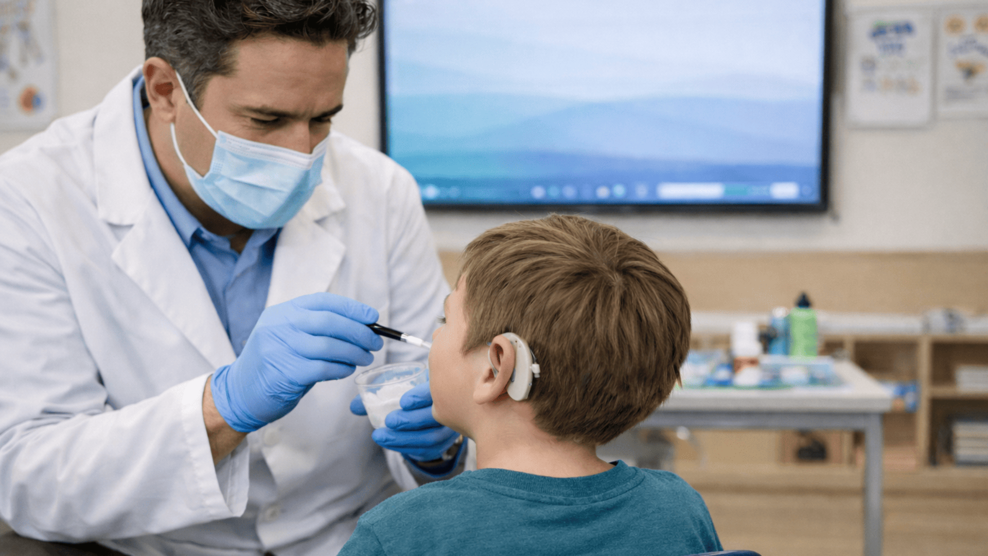 Kind mit Hörgerät wird in einem hellen Klassenraum von einem Zahnarzt im Rahmen einer schulischen Fluoridierung untersucht.